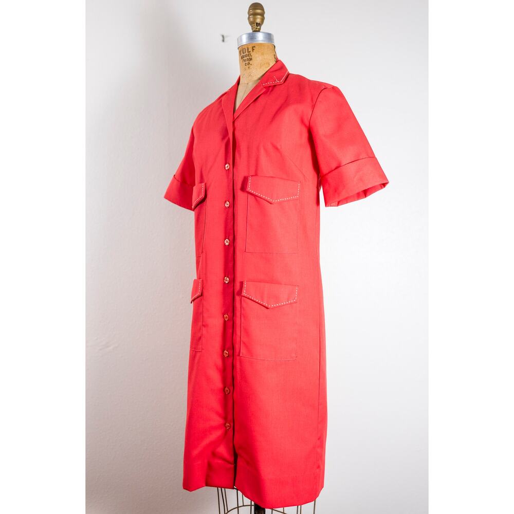 Vintage 60s Western Red Dress Pockets Rockabilly Stitch Coral Shift Sanforized M